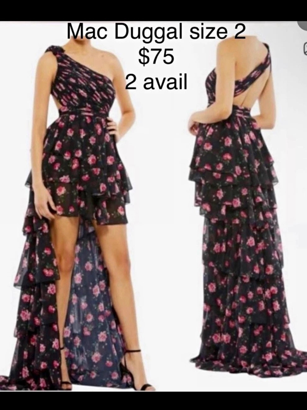 Mac Duggal Black/Pink Floral One Shoulder Sleeveless Hi-Low Chiffon Maxi Dress 2